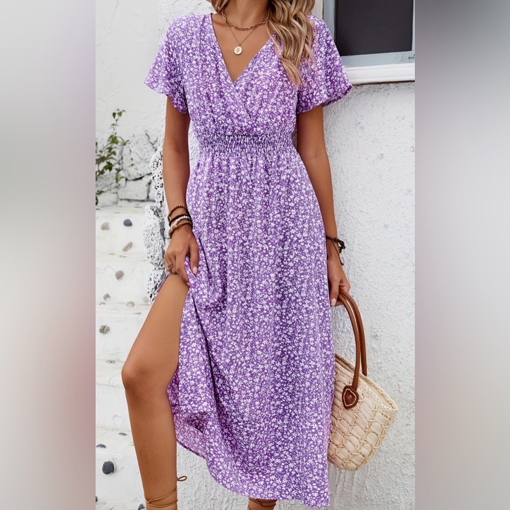 Purple Floral V-Neck Maxi Dress